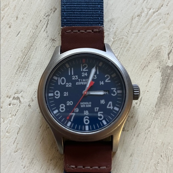 Timex Watch with Navy Strap and Leather Accents - Picture 2 of 4